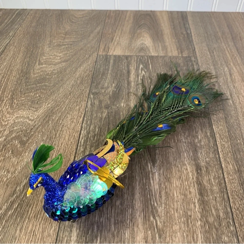 Peacock Blue Green Clip-on or Hanging Ornament with Feather Christmas 11